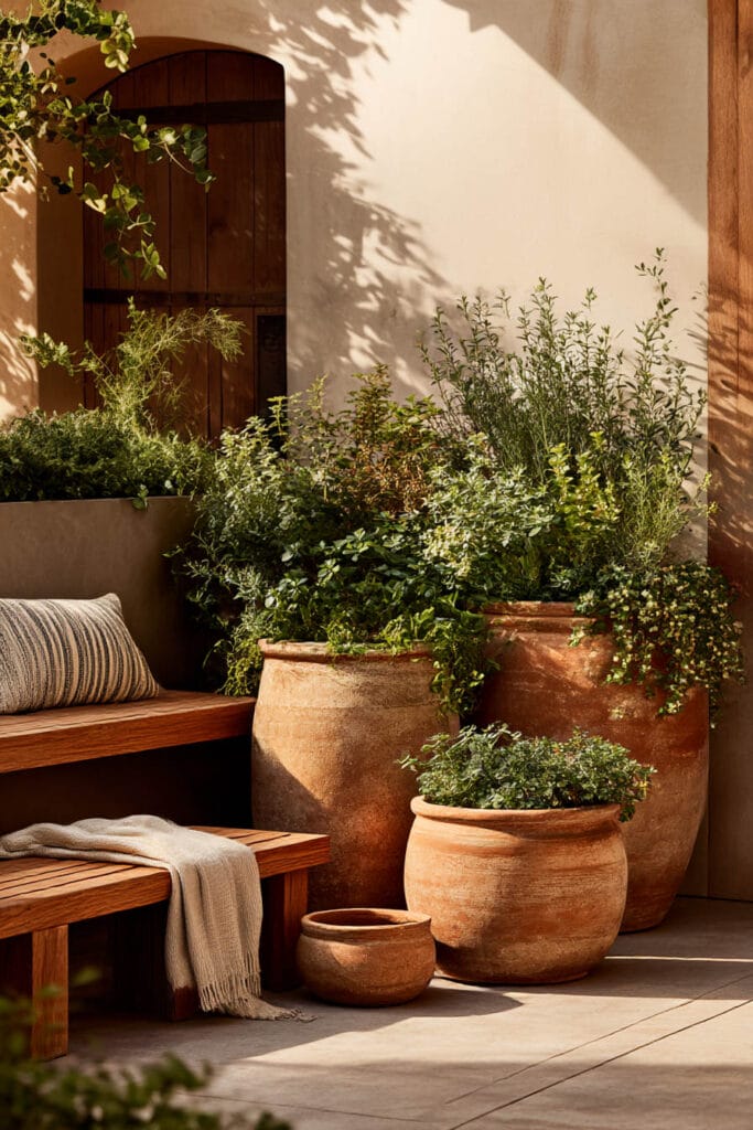 Neutral terracotta container garden with layered planters in the same tone family and lush greenery
