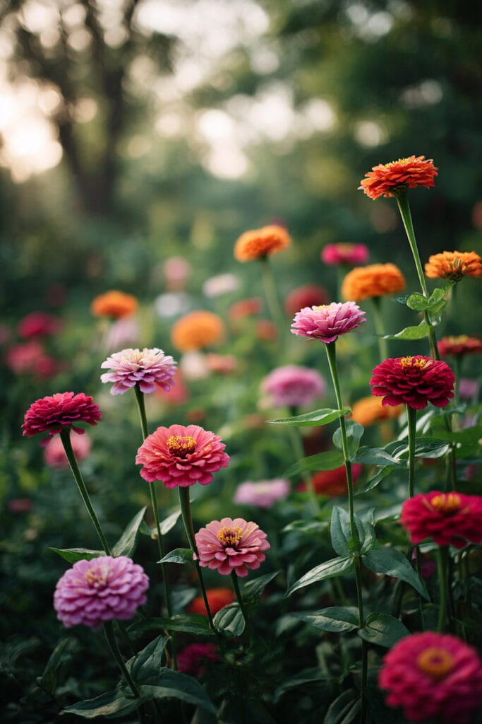 Colorful zinnia flowers blooming in a sunny garden, showing heat tolerant flowers that thrive in hot climates and summer conditions