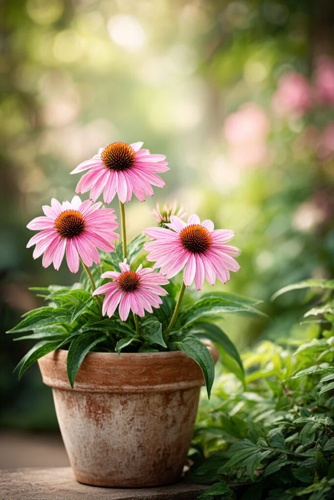Pink coneflowers in a terracotta pot blooming in sunlight, showing drought resistant flowers that thrive in heat and hot climates