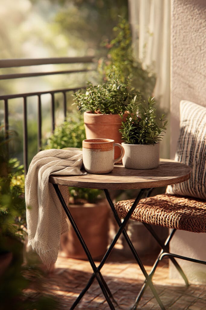 Small balcony plant vignette with coffee table, potted plants, and cozy neutral decor
