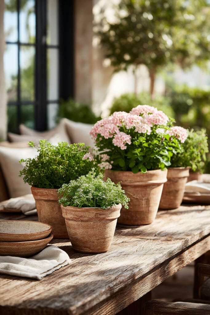 Pink geranium flowers and green plants in terracotta pots arranged on a wooden outdoor table, showing heat tolerant flowering plants for container gardens