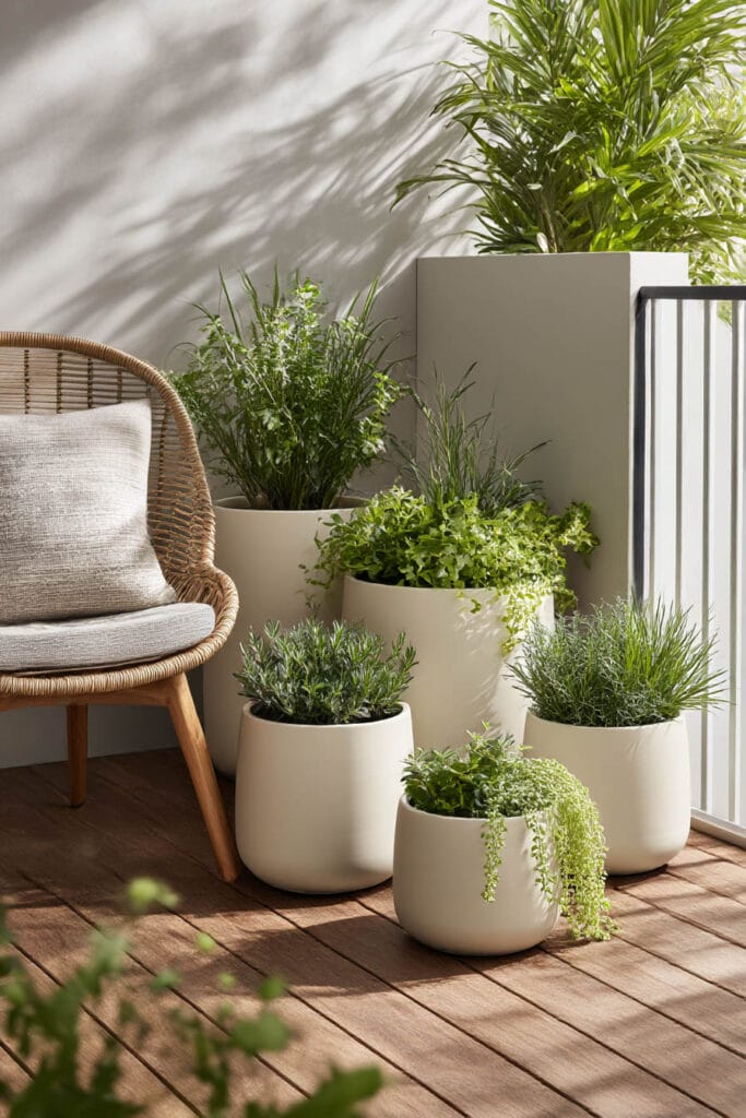 Matching white planters with layered greenery on a modern balcony with wooden flooring