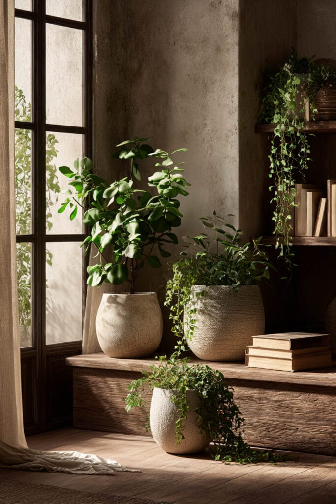 Textured neutral planters with layered greenery styled on a wooden bench near a window