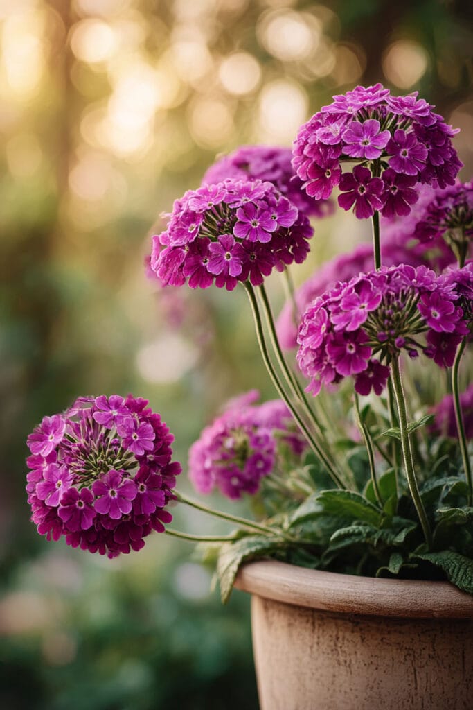 Purple verbena flowers blooming in a terracotta pot in warm sunlight, showing drought resistant flowers that thrive in heat and hot climates