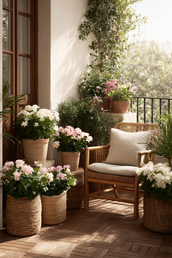 Balcony garden with flowering plants in terracotta pots and woven baskets, showing heat tolerant flowers and low water plants arranged in a cozy outdoor space