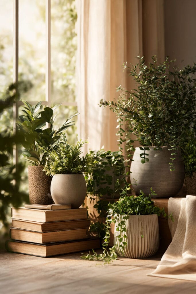 indoor plant styling corner with layered planters on books, neutral decor, trailing greenery, and warm natural window light