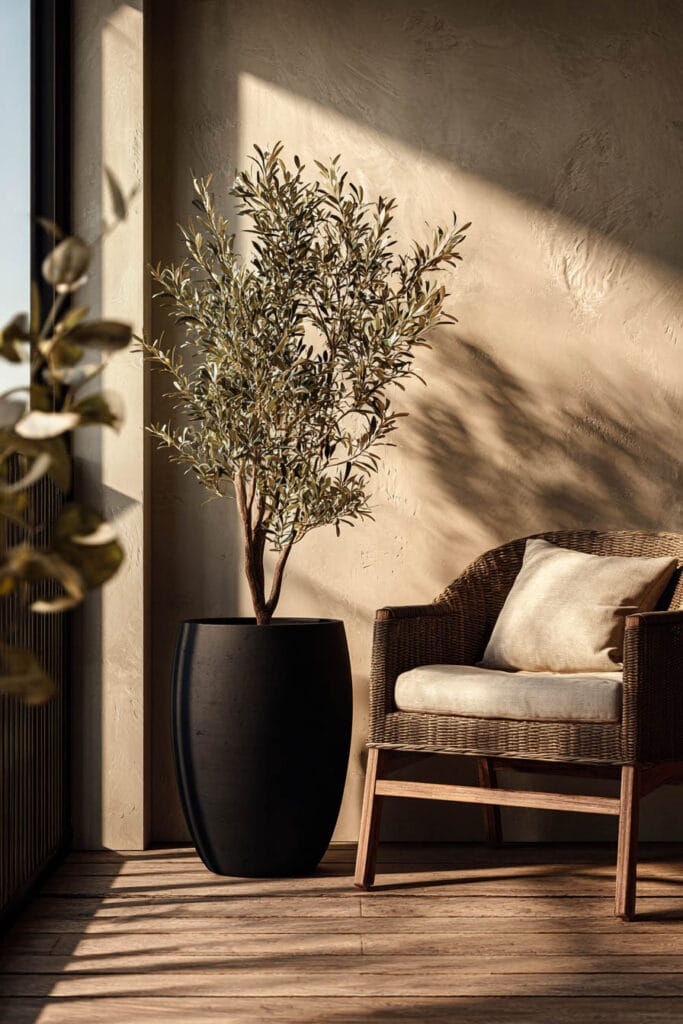 minimal container garden with black oversized planter and olive tree in warm neutral patio with textured wall and natural sunlight
