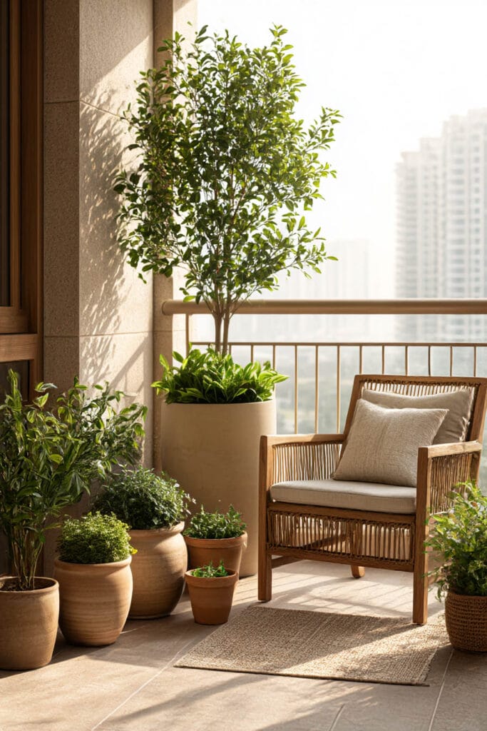 balcony container garden with layered planters terracotta pots tall potted tree cozy outdoor seating neutral styling