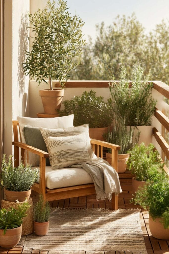 Cozy balcony seating area with heat-tolerant plants in terracotta pots, featuring low water plants and greenery arranged around a wooden chair in warm sunlight
