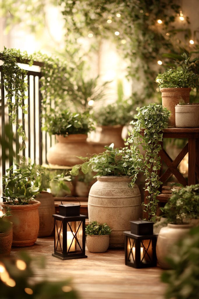 Cozy balcony garden with grouped planters in different sizes, trailing greenery, and lantern lighting creating a warm ambiance