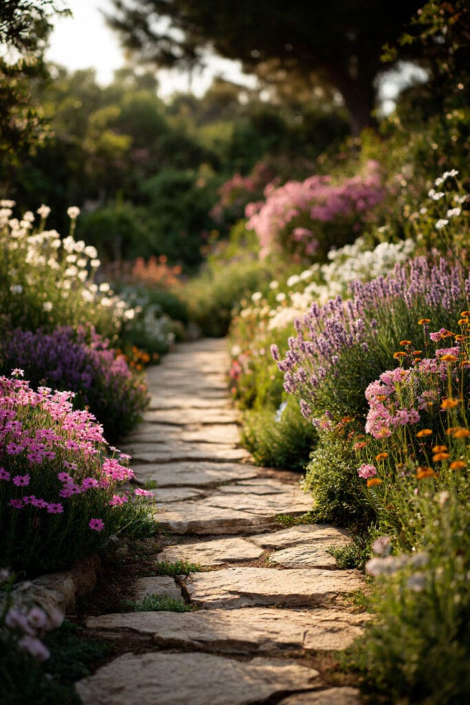 Stone garden path lined with colorful heat tolerant flowers and drought resistant plants, showing a low maintenance garden design for hot climates