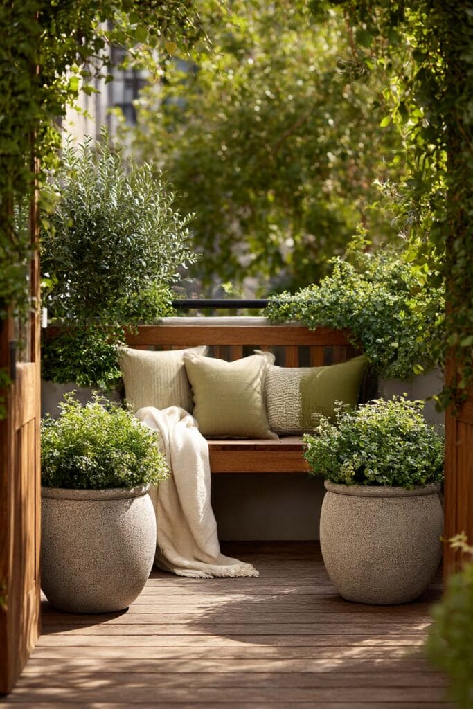 symmetrical container garden balcony with matching planters, wooden bench seating, neutral cushions, and lush greenery