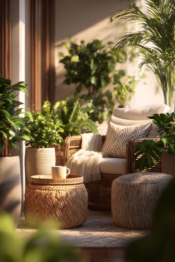 cozy balcony container garden with woven furniture, side table, potted plants, and natural textures