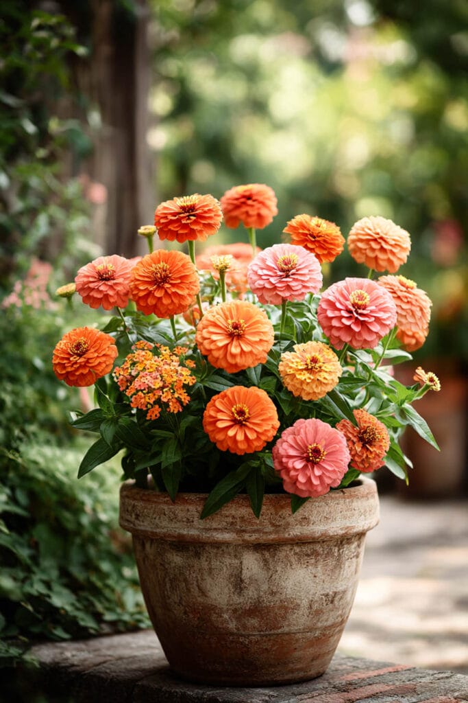 Zinnias and lantana flowers in a terracotta pot outdoors, showing heat tolerant flowering plants that thrive in hot climates and container gardens