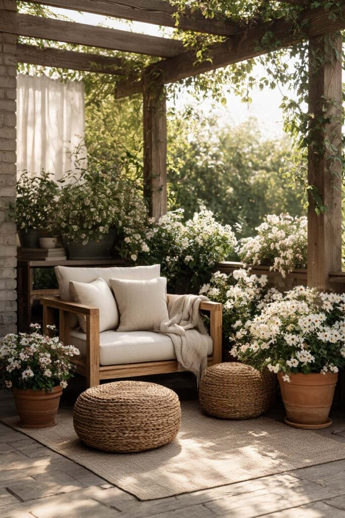 Cozy outdoor patio with white flowering plants in terracotta pots, showing heat tolerant flowers styled in a low maintenance garden seating area