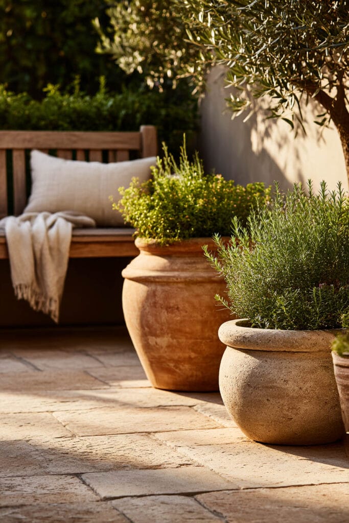 minimal container garden with terracotta pots, herbs, and wooden bench in warm sunlight