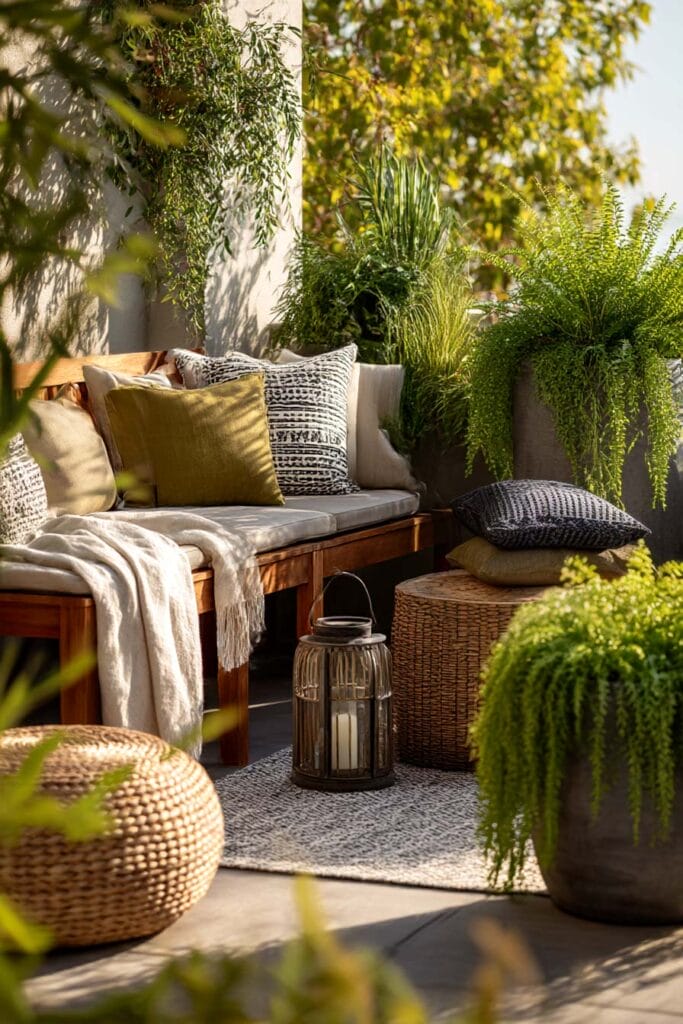 cozy balcony container garden with bench seating, layered pillows, and lush potted plants