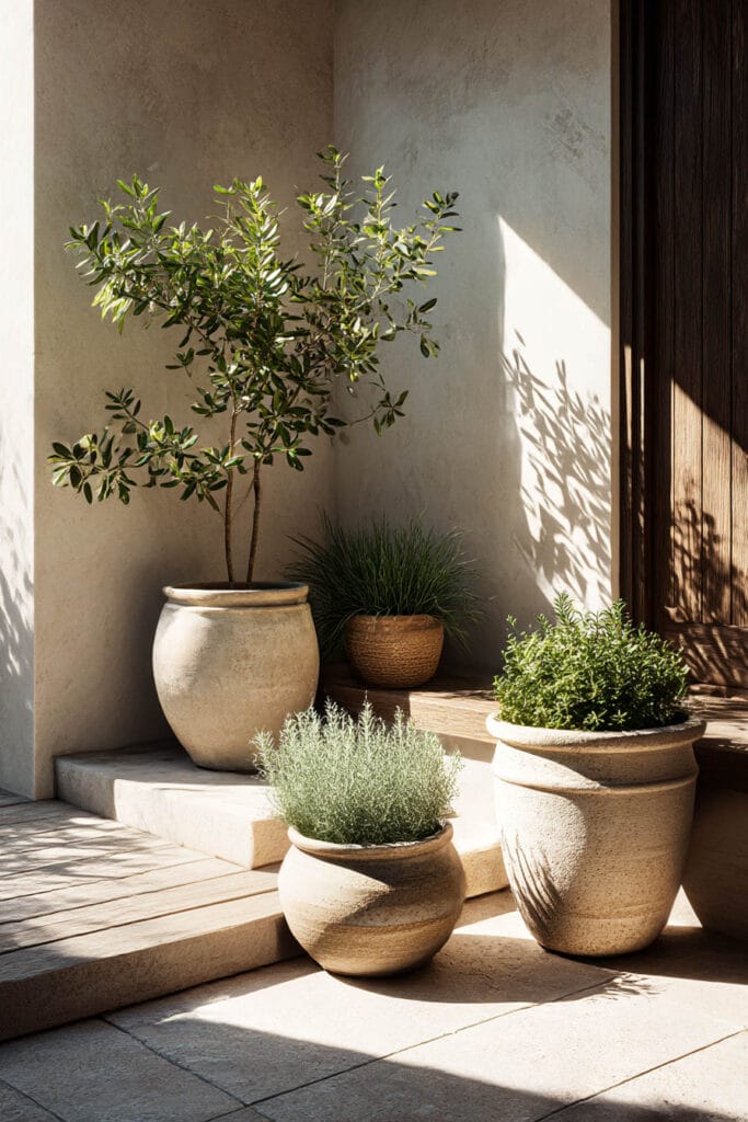 Olive tree, lavender, and ornamental plants in ceramic pots arranged in sunlight, showing low water plants for drought tolerant landscaping and hot climates