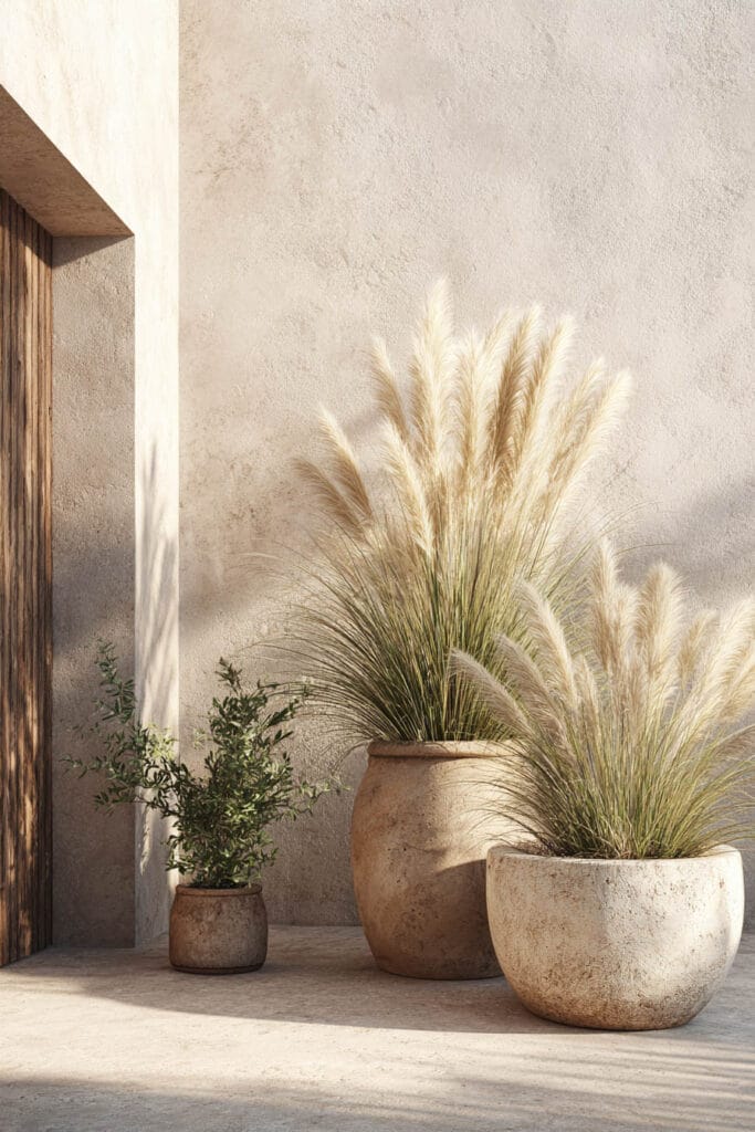 Ornamental grasses in large ceramic pots against a textured wall, showing low water plants for drought tolerant landscaping and hot climates