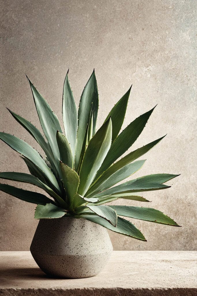 Agave plant in a textured pot against a neutral wall, showing a drought tolerant plant that thrives in hot climates with low water