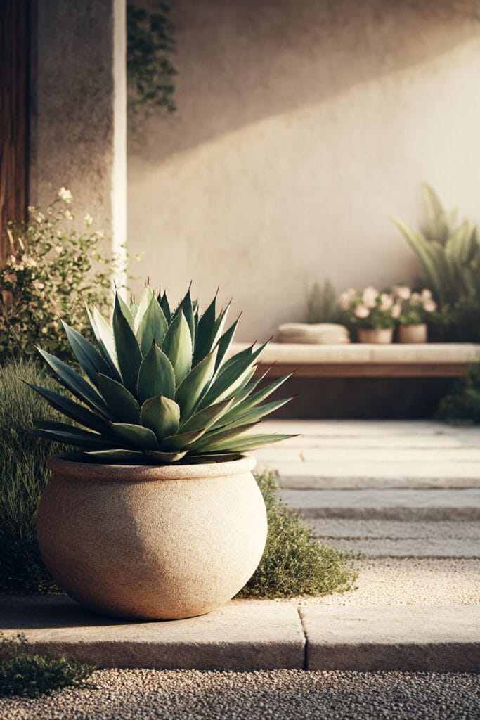 Agave plant in a ceramic pot on a modern outdoor patio, showing a drought tolerant plant that thrives in hot climates with minimal watering