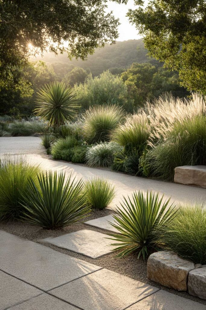 Drought tolerant landscape with ornamental grasses and agave plants along a modern pathway, showing low water plants for hot climates