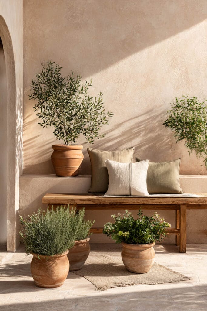 Low water plants including olive tree and lavender in terracotta pots styled on a patio with seating, showing drought tolerant outdoor plant decor
