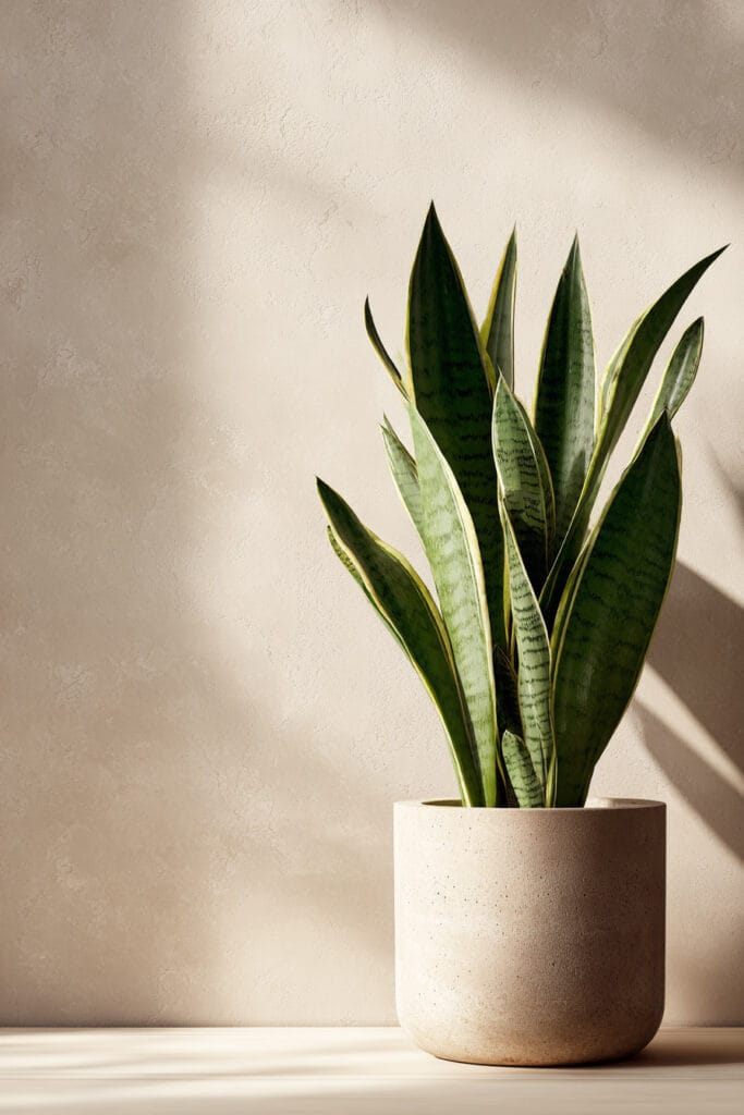 Snake plant in a neutral ceramic pot against a textured wall, showing a low water plant that thrives in heat and requires minimal care