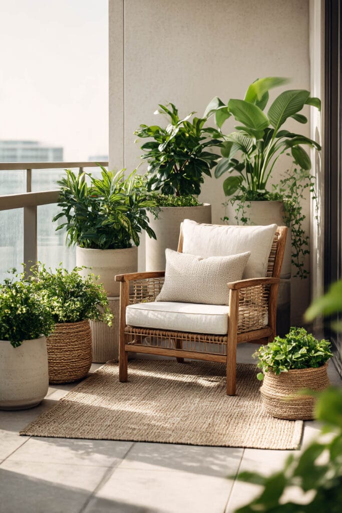 cozy balcony container garden styled corner grouped planters neutral pots woven baskets outdoor seating greenery