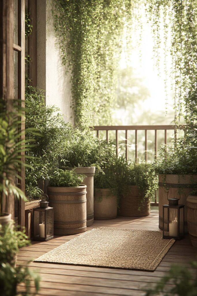 Balcony garden with mixed material planters including wood, terracotta, and woven textures, styled with greenery and soft natural light