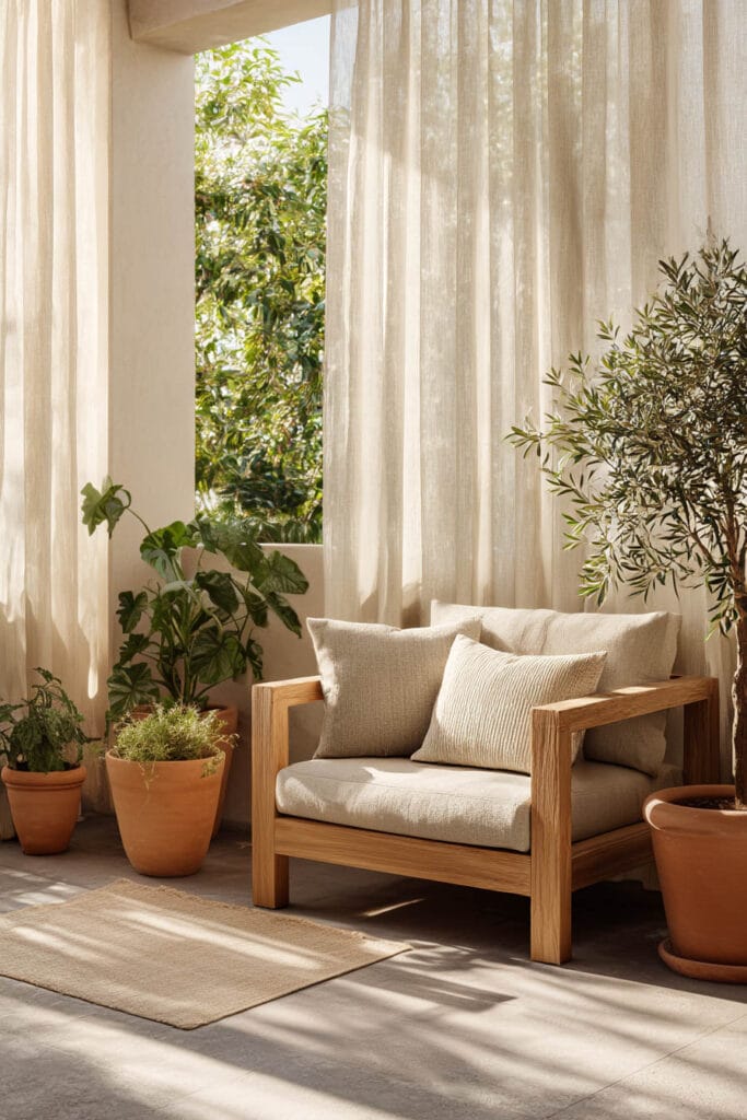 Neutral-toned balcony seating area with heat-tolerant plants in terracotta pots, featuring low water plants arranged around a wooden chair with soft linen cushions