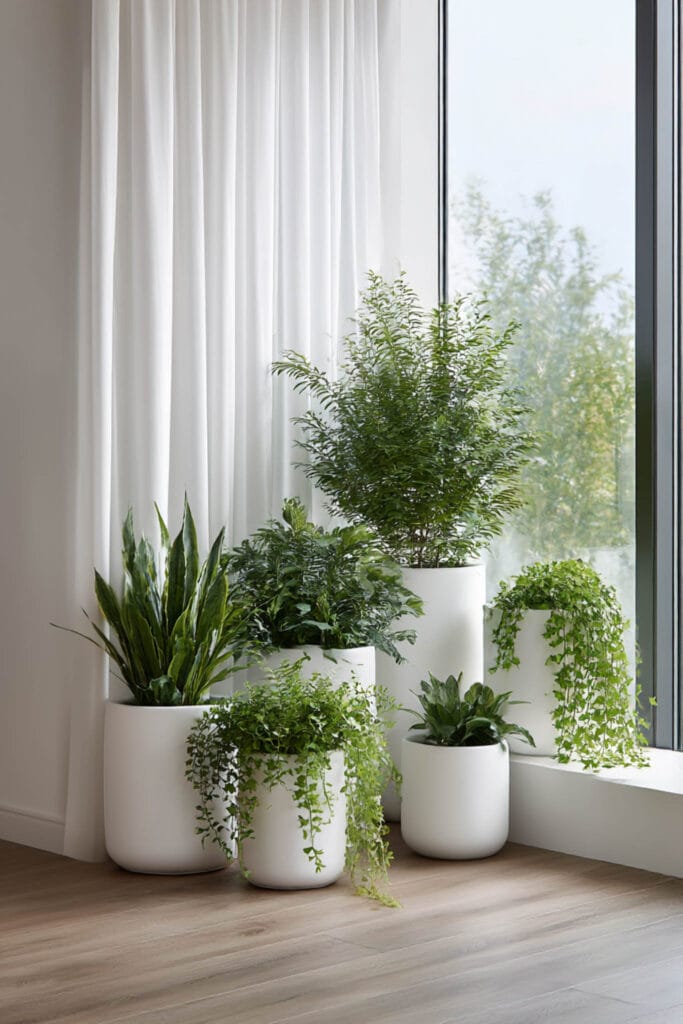 minimal container garden with white planters and layered indoor plants in bright modern corner with natural light