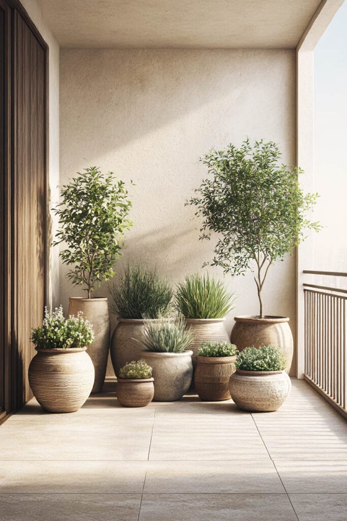 Low water container garden with olive trees, ornamental grasses, and small flowering plants in neutral terracotta pots on a sunlit balcony