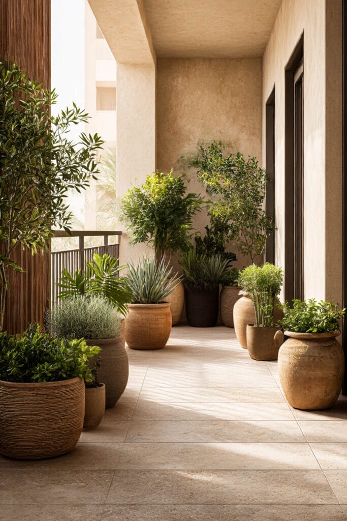 Low water balcony container garden with layered terracotta planters, olive trees, grasses, and drought tolerant greenery in warm sunlight