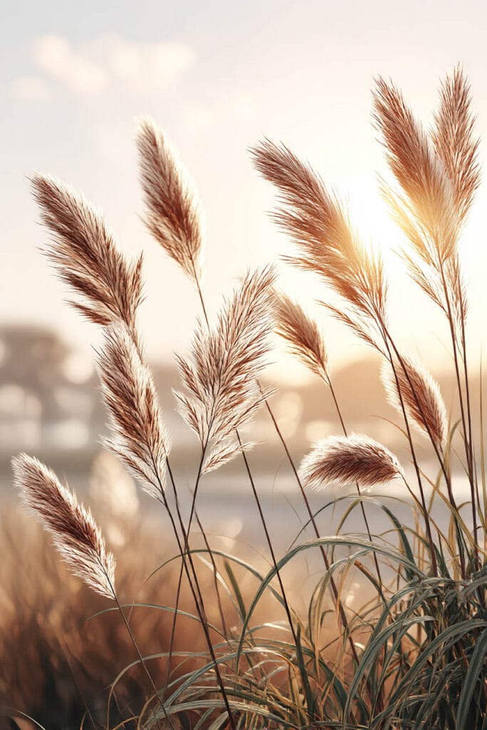 Ornamental grasses glowing in golden sunlight, soft feathery plumes in a low water landscape with warm neutral tones