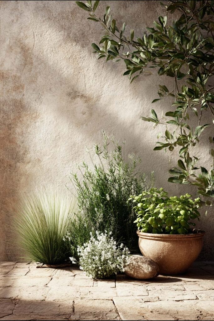 Low water garden corner with ornamental grasses, herbs, and small white flowers in terracotta planters against a textured plaster wall