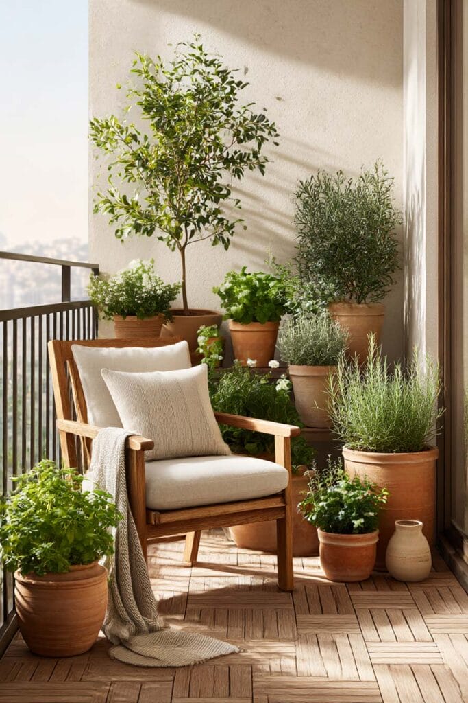 Heat tolerant balcony container garden with olive tree, herbs, and layered terracotta pots styled around a cozy outdoor chair