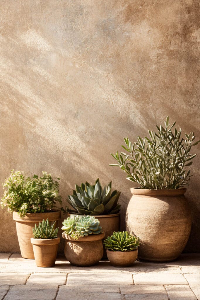 Heat tolerant succulents and olive tree in terracotta pots arranged against a warm plaster wall with soft sunlight