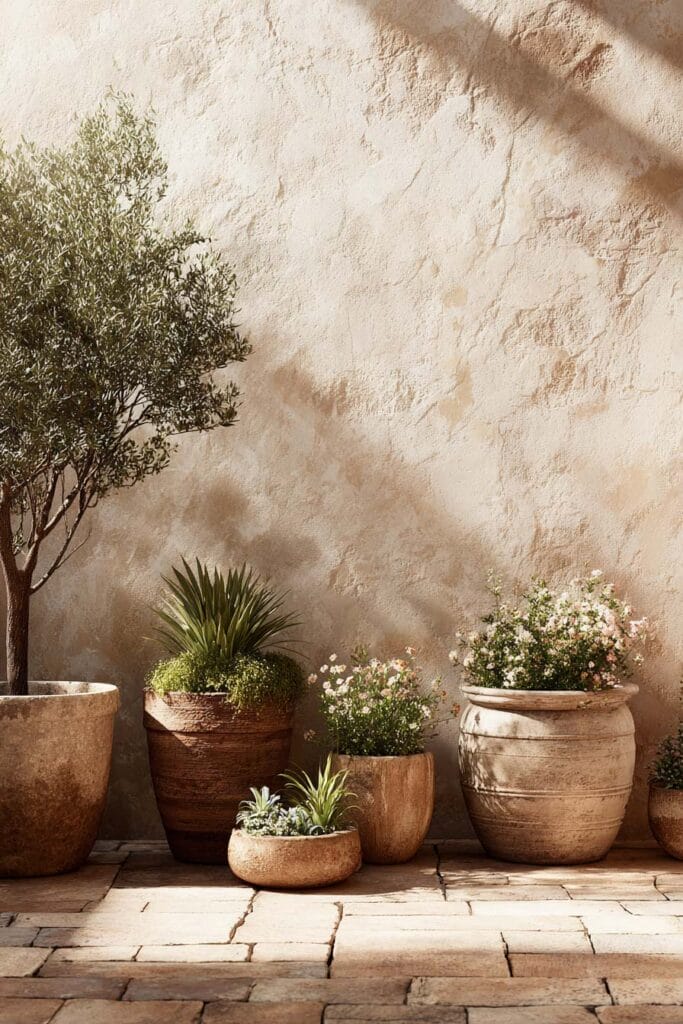 Heat tolerant potted plants including olive tree, succulents, and flowering plants in layered terracotta and stone planters against a textured wall