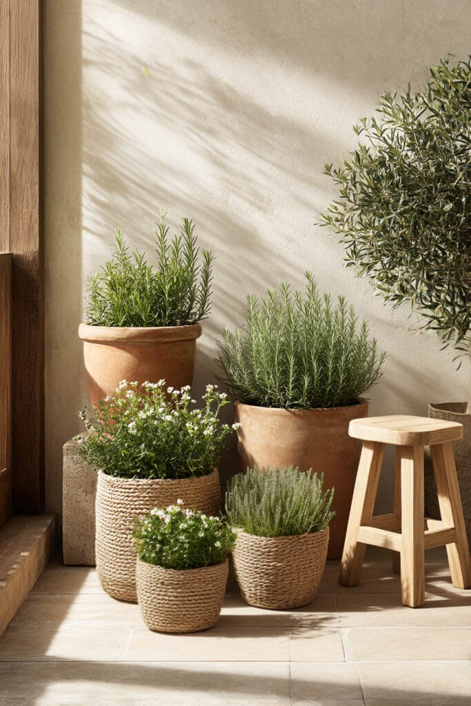 Heat tolerant herb container garden with rosemary, lavender, and small white flowers in terracotta and woven planters on a sunlit patio