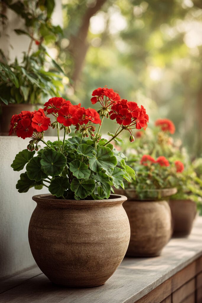 Bright red geraniums in terracotta pots lined along a sunny balcony, showcasing heat-tolerant flowering plants for containers
