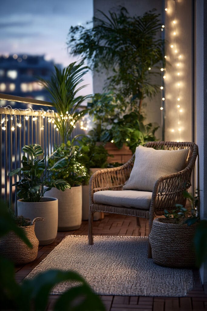 cozy balcony container garden with string lights evening outdoor plants warm lighting styled seating area