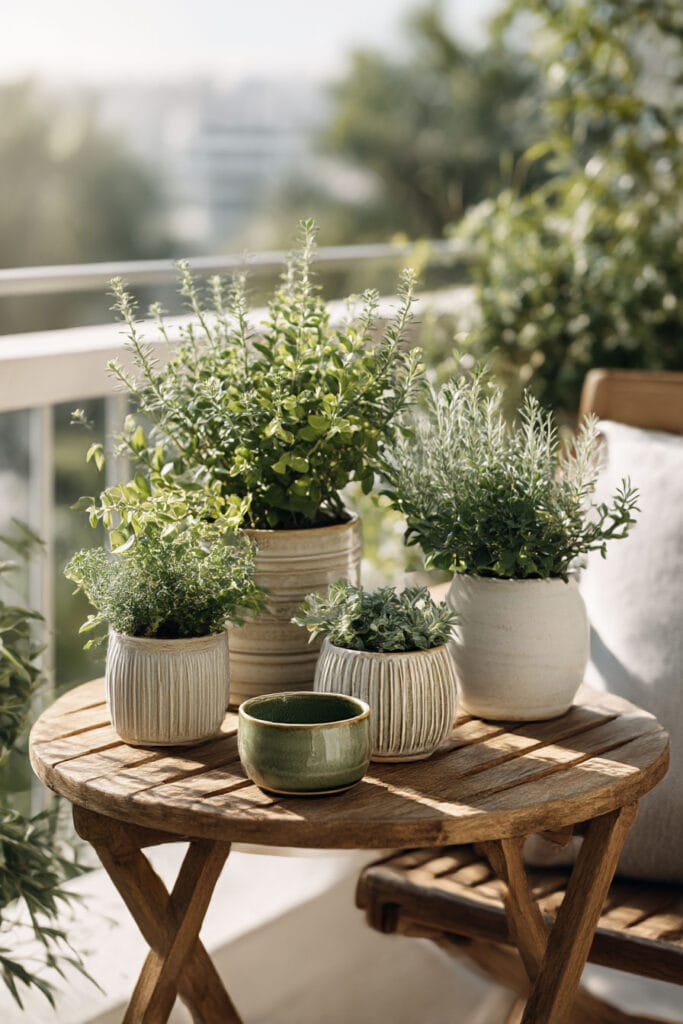 Small potted herbs and heat-tolerant plants arranged on a wooden balcony table in natural sunlight, featuring low water container plants for hot climates
