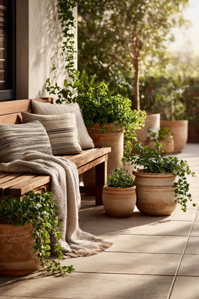 Neutral-toned container garden with terracotta pots, wooden bench, and soft textiles creating a warm and cohesive outdoor space