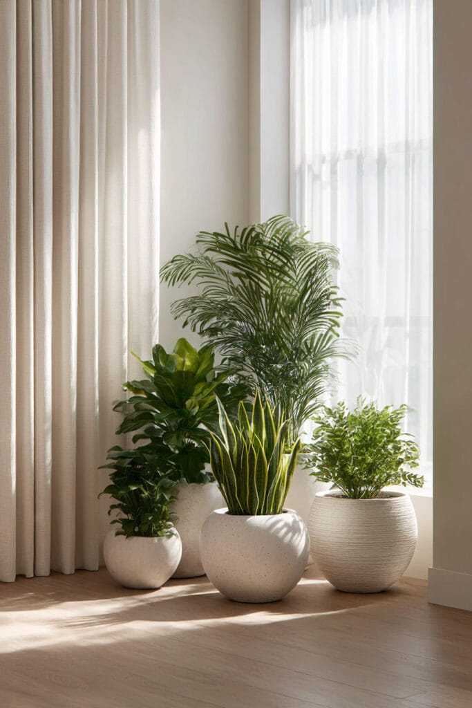 minimal container garden with neutral ceramic planters and mixed indoor plants in bright modern space with natural light