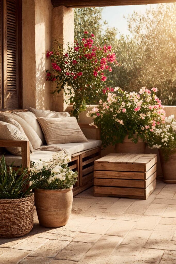 Sunlit patio with terracotta pots filled with heat-tolerant flowering plants including roses and white blooms, styled around a cozy outdoor seating area