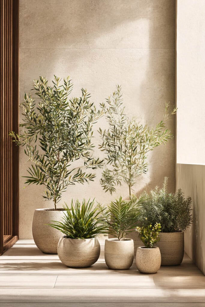 Minimalist patio with olive tree and drought-tolerant plants in neutral ceramic pots, styled for a heat-tolerant container garden