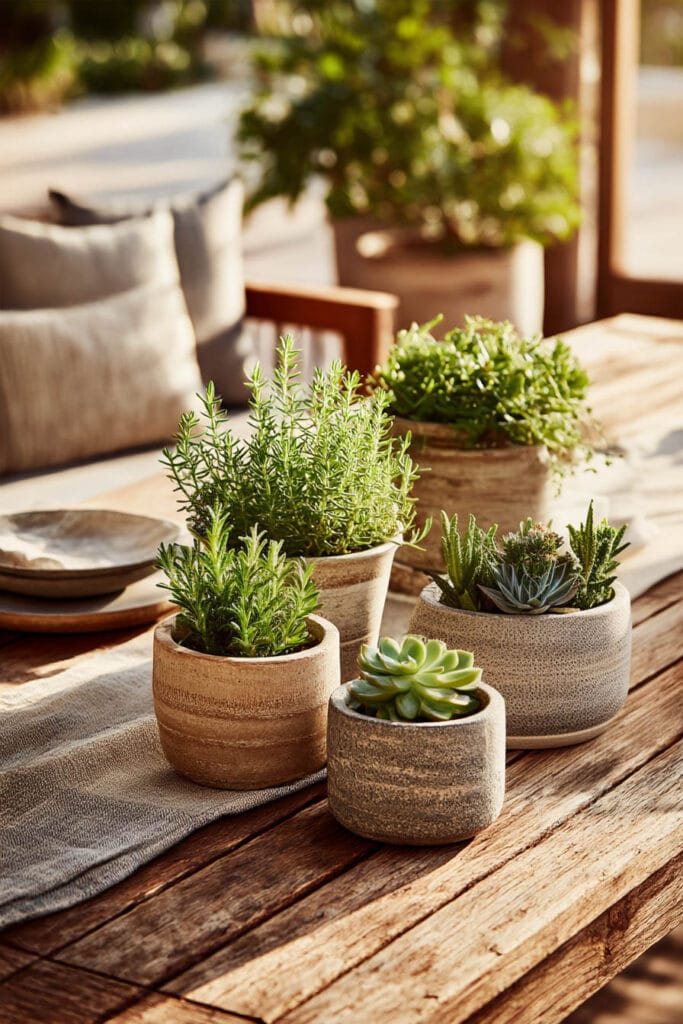 Small pots of rosemary, herbs, and succulents arranged on a wooden outdoor table, featuring heat-tolerant plants for container gardening