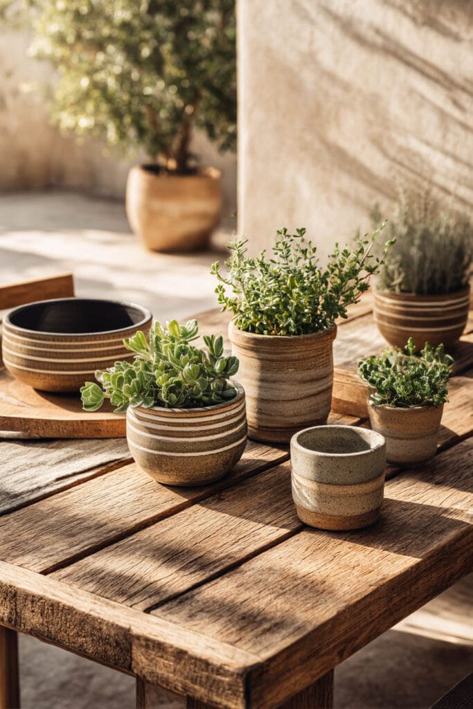 Small ceramic pots with heat-tolerant herbs and succulents arranged on a wooden outdoor table in warm sunlight