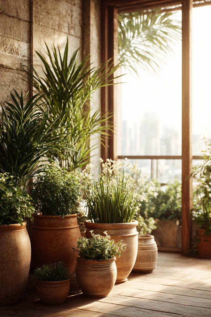 Large terracotta pots with heat-tolerant plants and greenery arranged in a sunlit indoor-outdoor space near a window